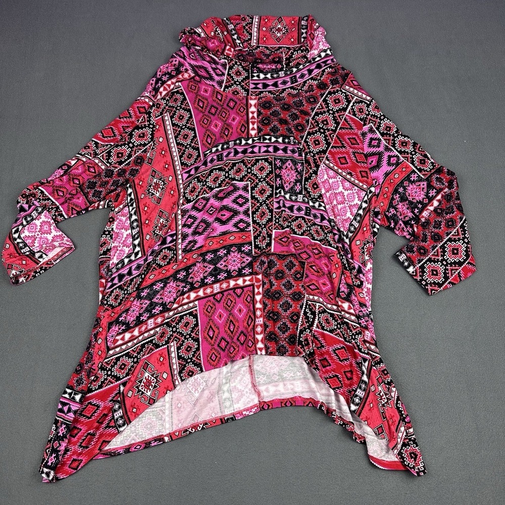 Ruby Rd Woman 2X Pink Black Geometric Cowl Neck Tunic Top Long Sleeve Plus